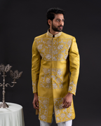 Front shot showing the sherwani silhouette and motif placement.