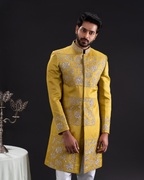 Front angle showcasing gold embroidery across the sherwani panel.