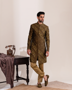 Front view of a mehendi sherwani with botanical embroidery