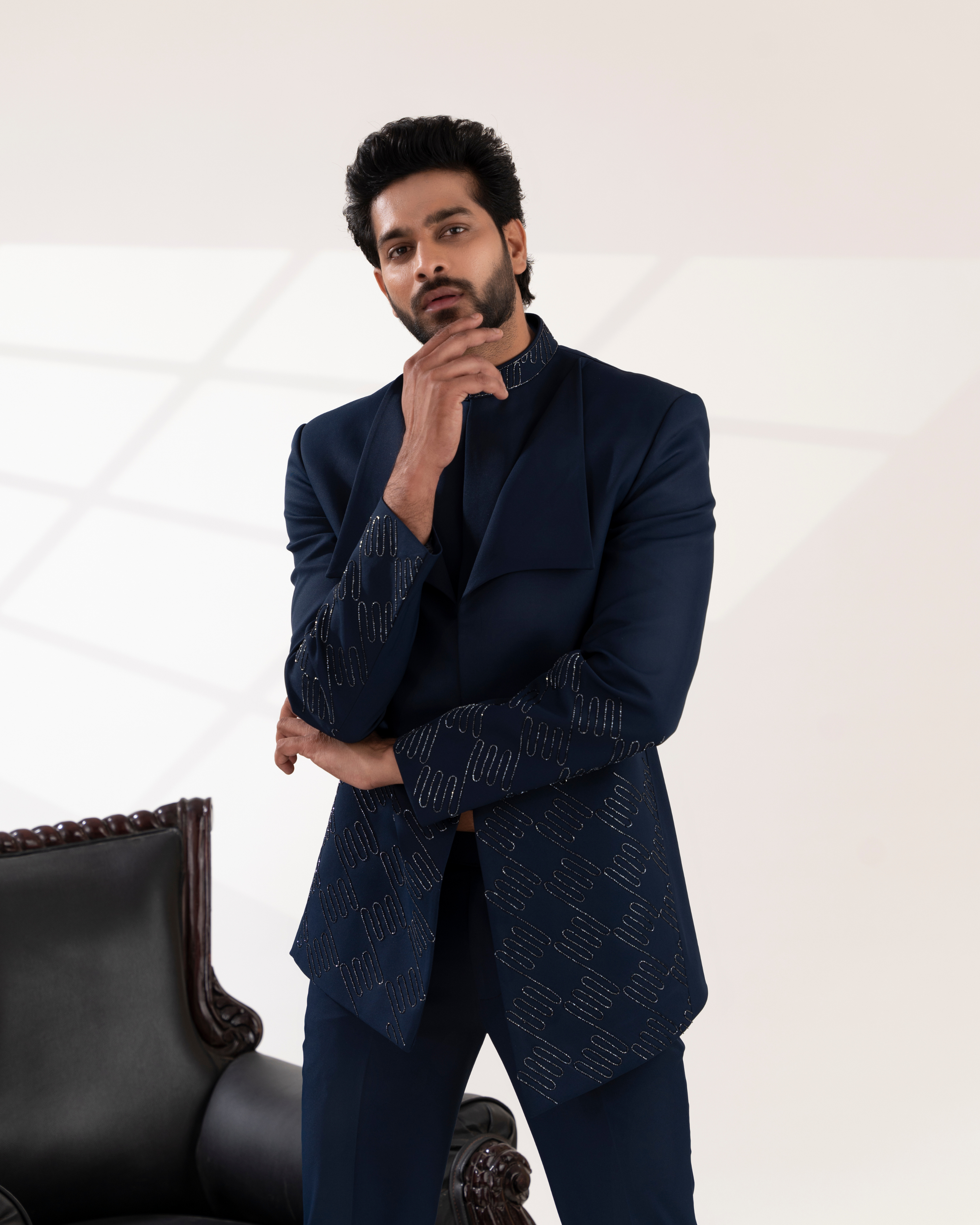 Front angle highlighting the sleek bandhgala finish and embroidery