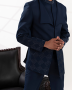 Detailed shot showing embroidery on the navy blue bandhgala.