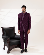 Full front view showing the bold wine bandhgala silhouette and straight fit pants