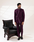 Front view of a wine bandhgala with straight fit pants