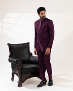 Side profile showing wine bandhgala shape and straight fit pants