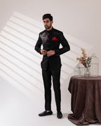 Full front view capturing structured bandhgala and straight fit pants