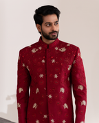 Front angle showcasing detailing on red bandhgala with floral embroidery