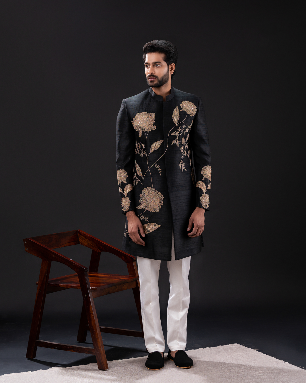 Front angle highlighting embroidery and black sherwani silhouette