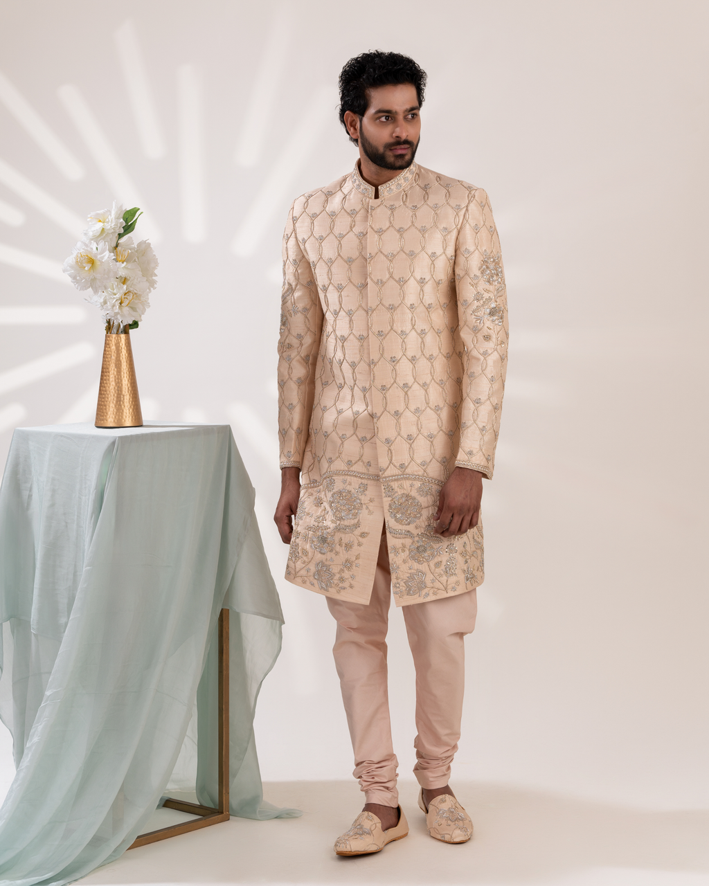 Full front view ivory embroidered sherwani with matching pants