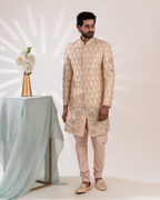 Full front view ivory embroidered sherwani with matching pants