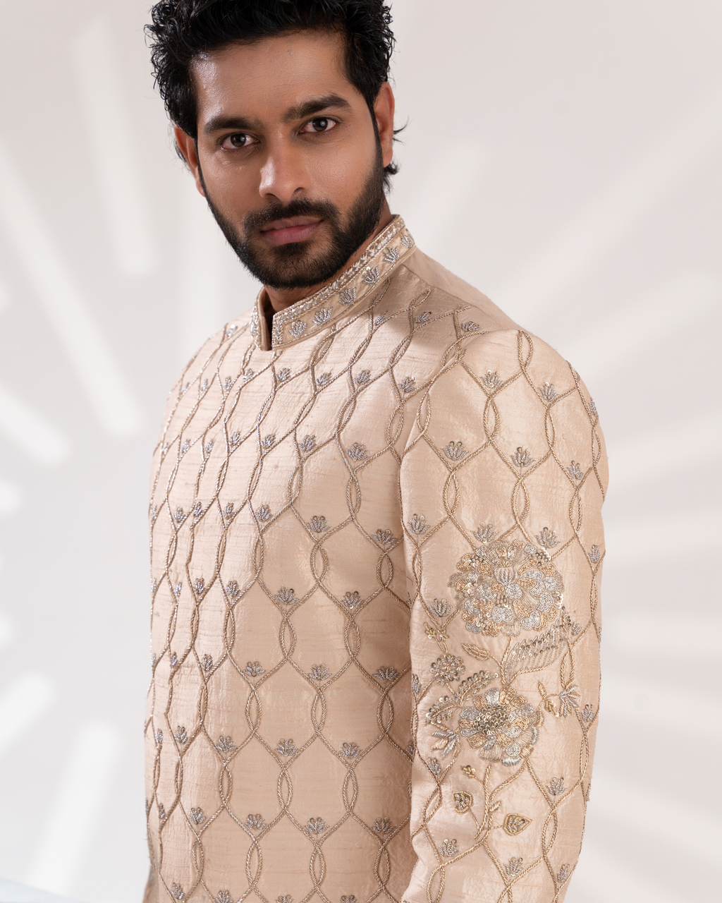 Close-up of ivory sherwani embroidery detailing.