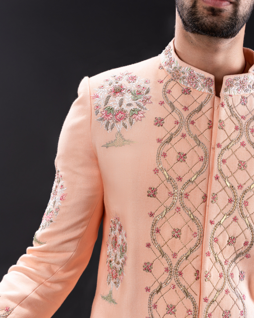Close up shot capturing fine threadwork and motifs.