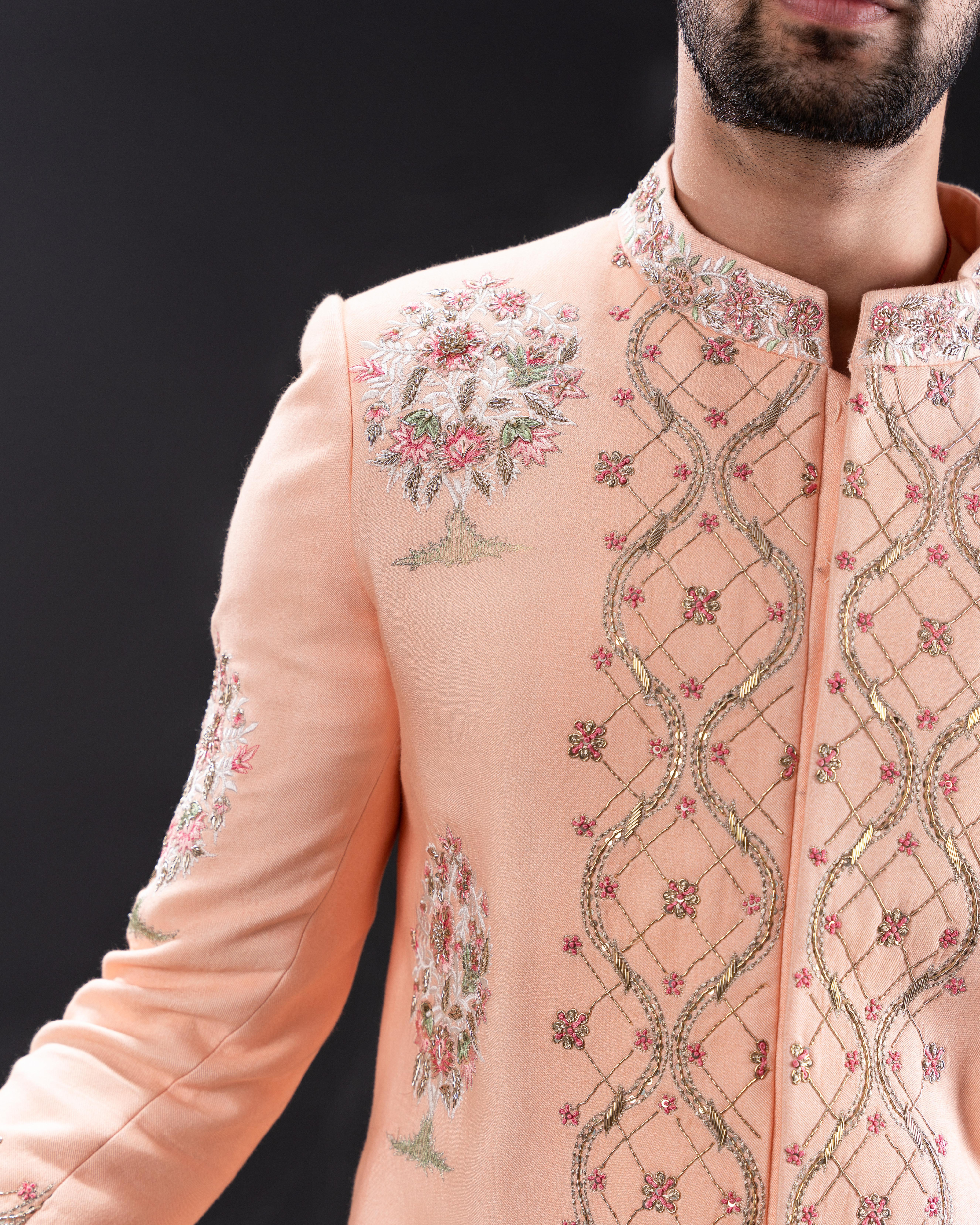 Close up shot capturing fine threadwork and motifs.