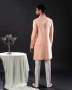 Back view showing sherwani cut and embroidery placement.