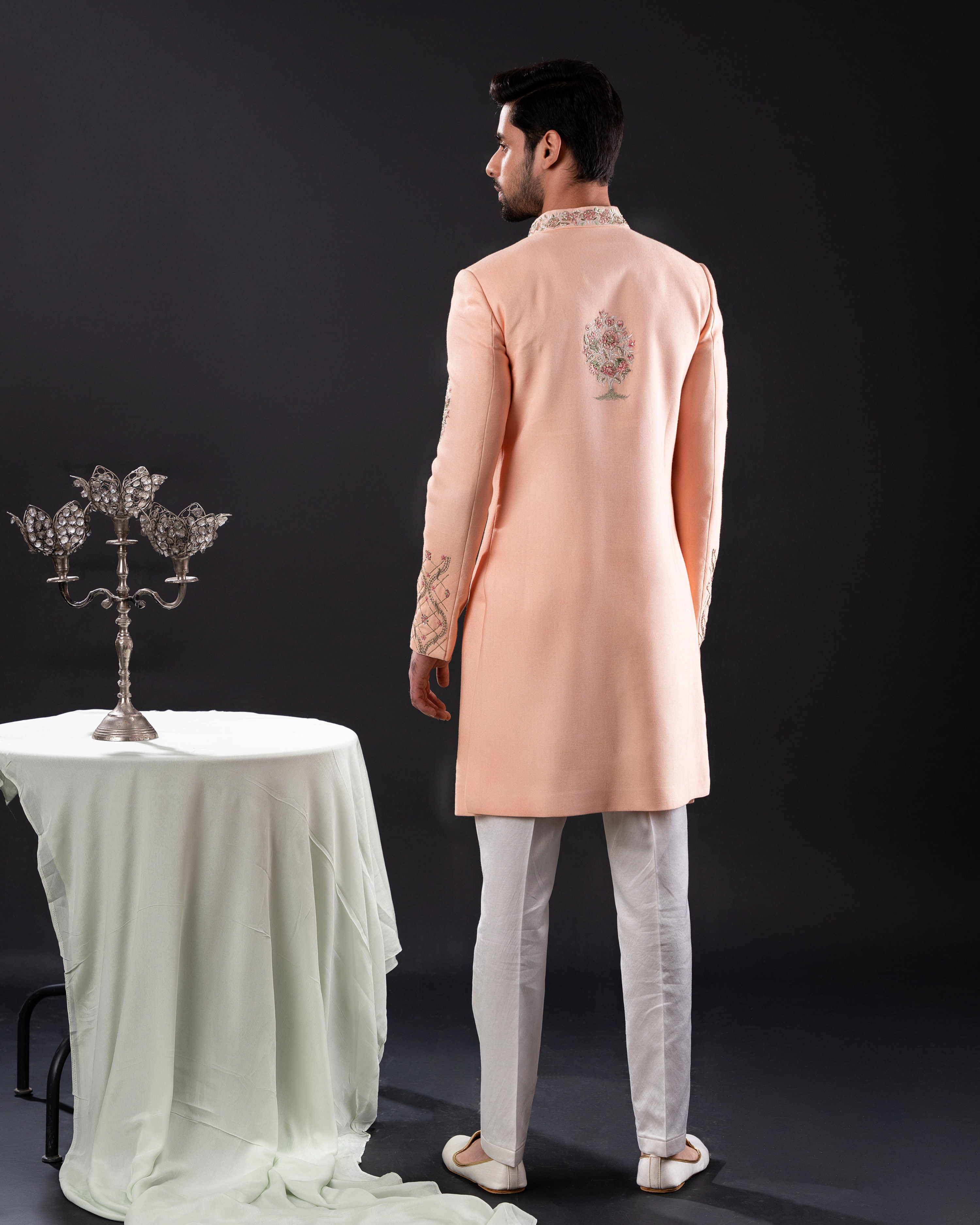 Back view showing sherwani cut and embroidery placement.