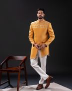 Full front view showing the Indo-western yellow bandgala with hand embroidery 