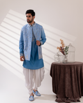 Front view of an ombré blue Bundi–kurta set with a clean straight silhouette.