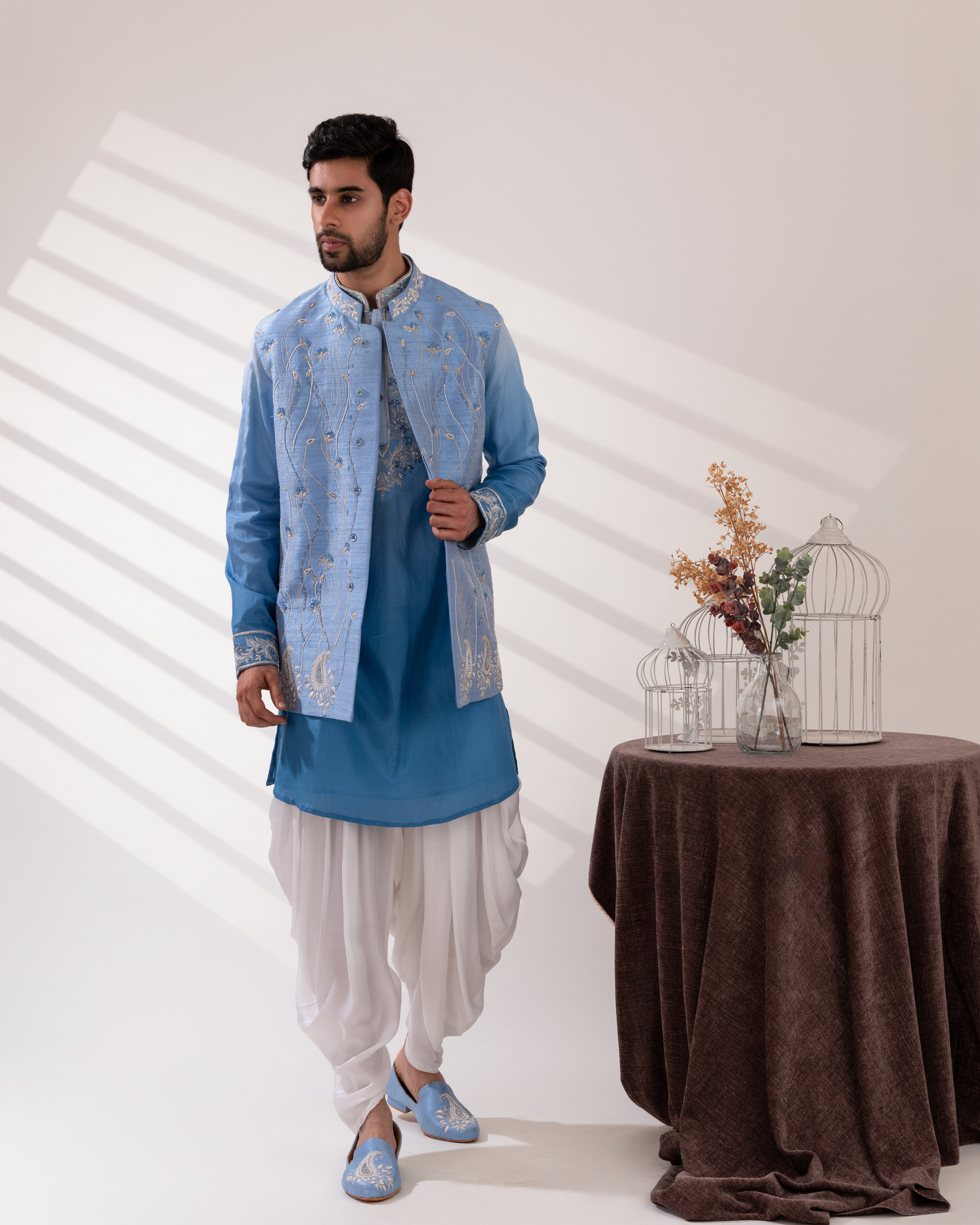 Front view of an ombré blue Bundi–kurta set with a clean straight silhouette.