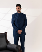 Frontal shot showcasing deep navy tones and sleek construction of bandhgala.
