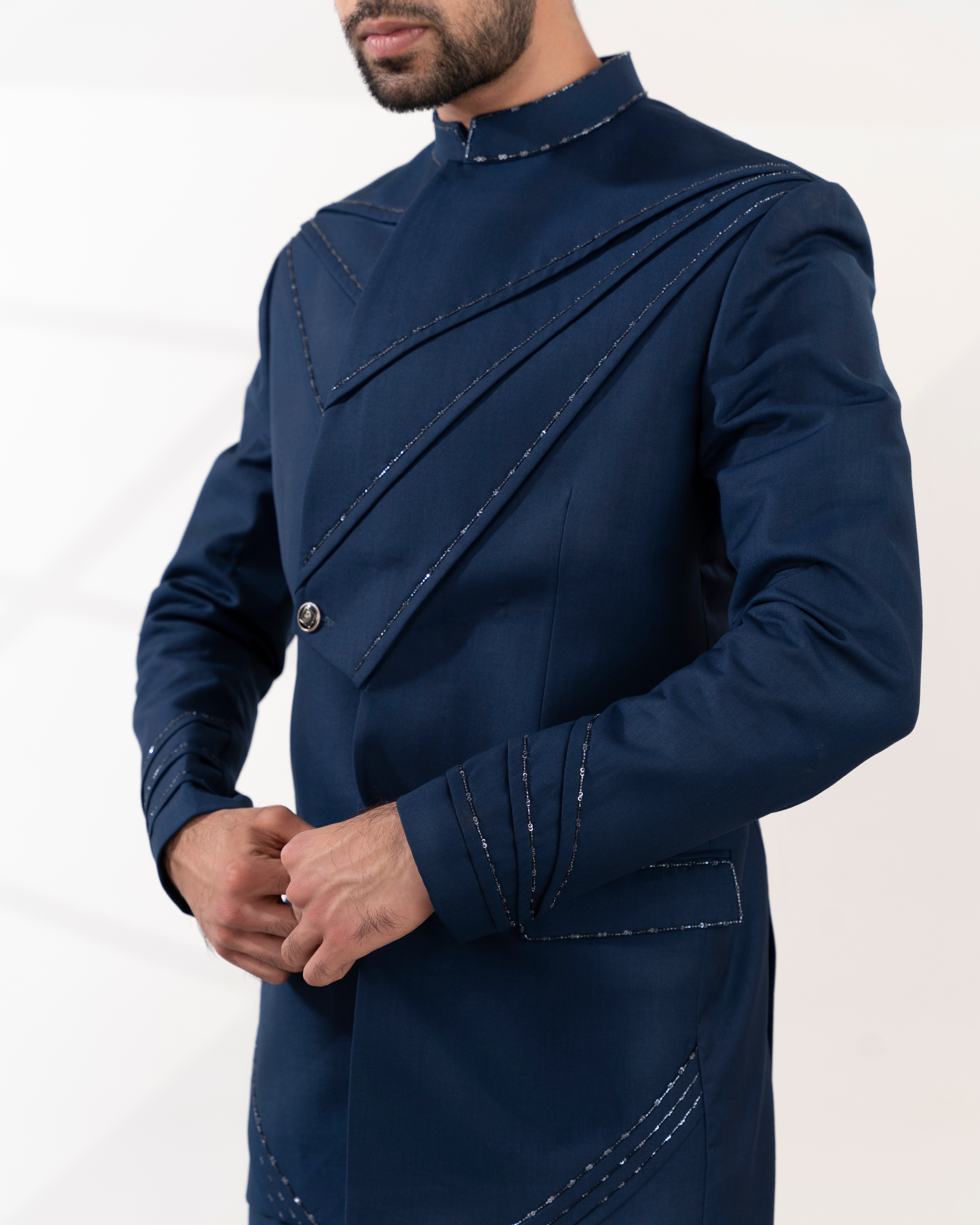 Close up shot showing texture and stitch definition on bandhgala.
