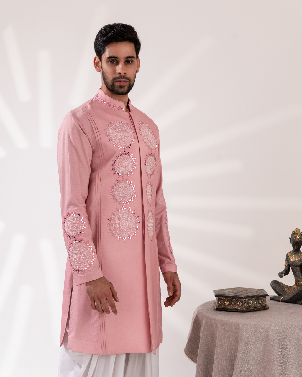 Side profile showing the floral detailing along the sherwani panel and sleeves