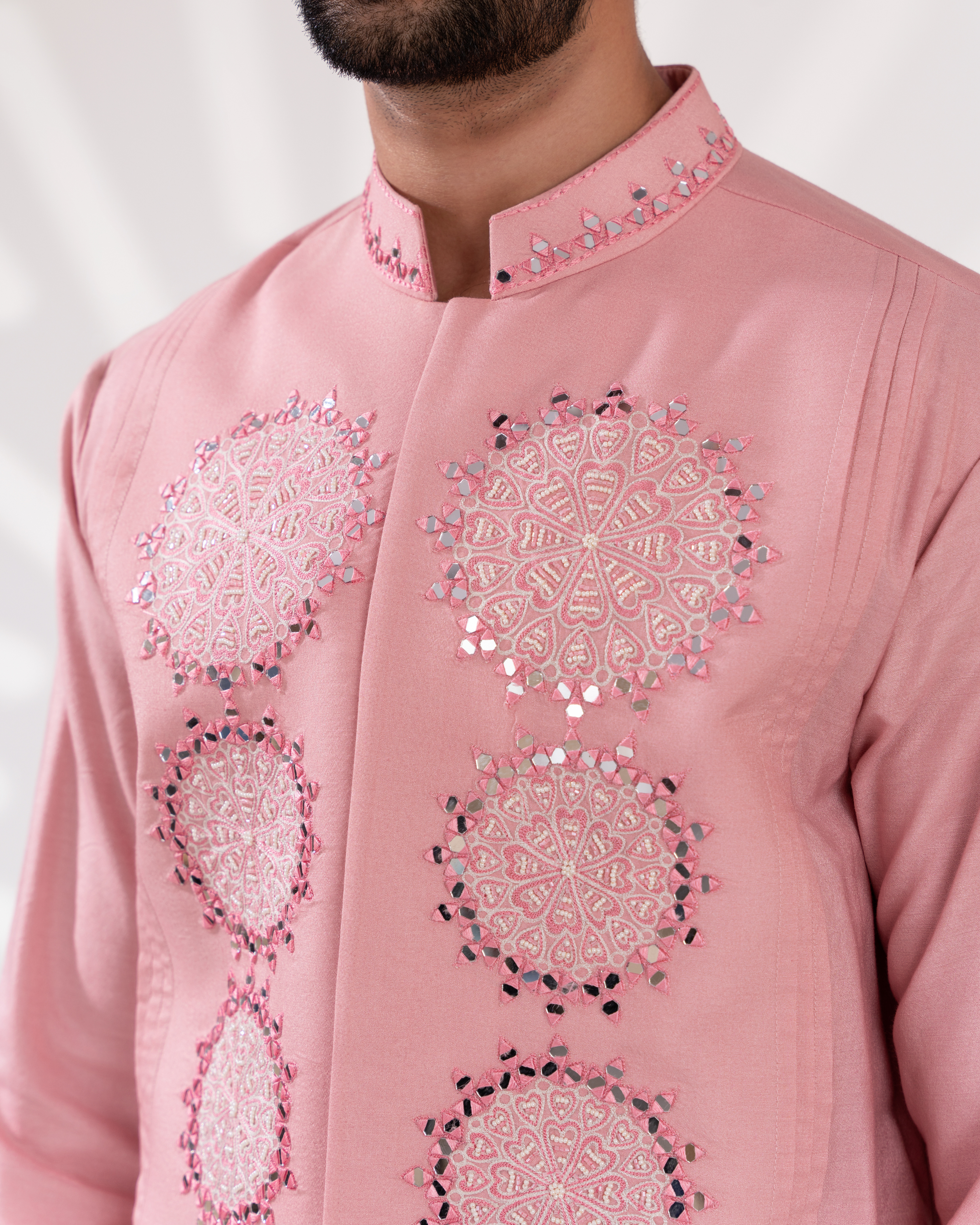 Close-up of floral embroidery on the sherwani front.