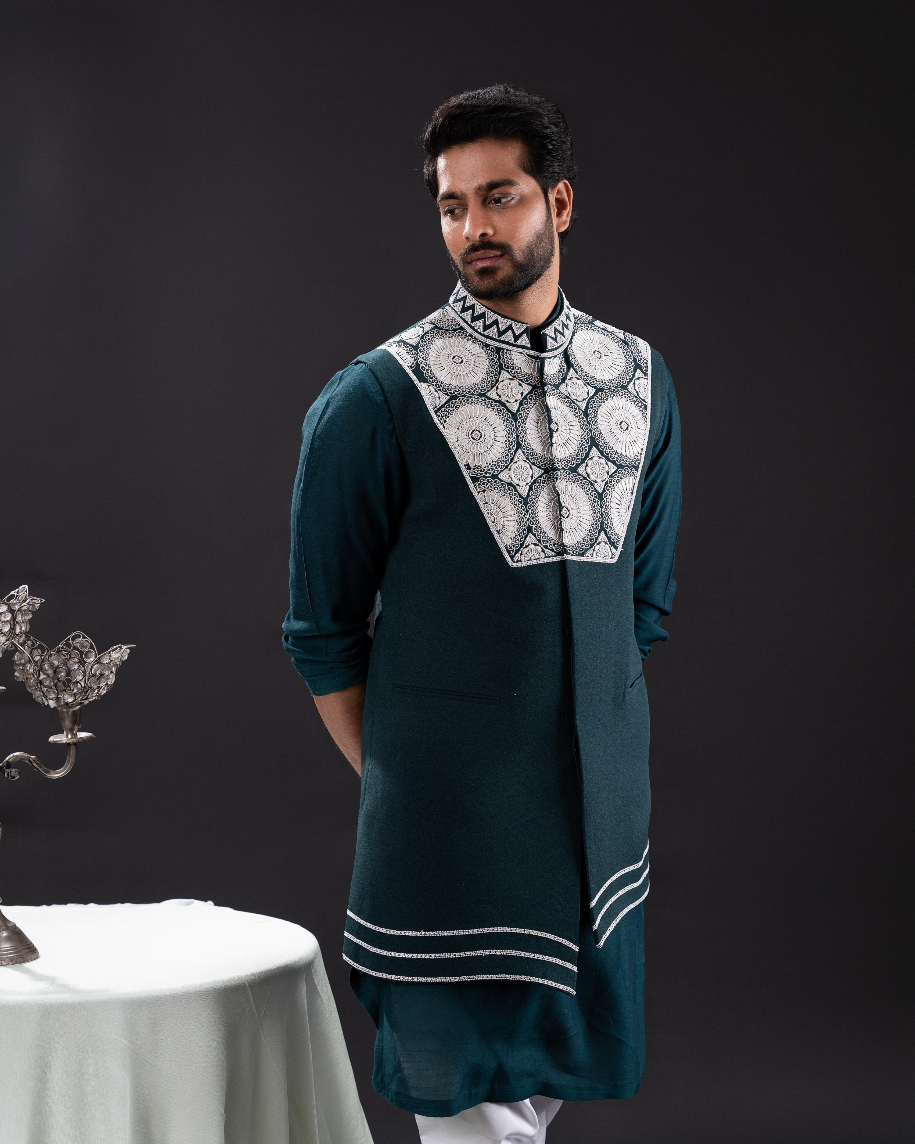 Side view showing the clean Bundi construction and embroidery