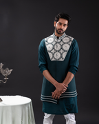 Full front view showing the bundi jacket and kurta