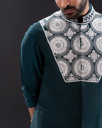 Detailed shot showing texture and embroidery on green bundi set