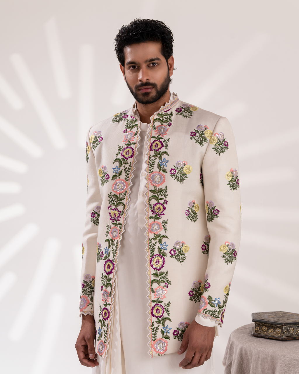 Close-up of botanical embroidery on the sherwani.