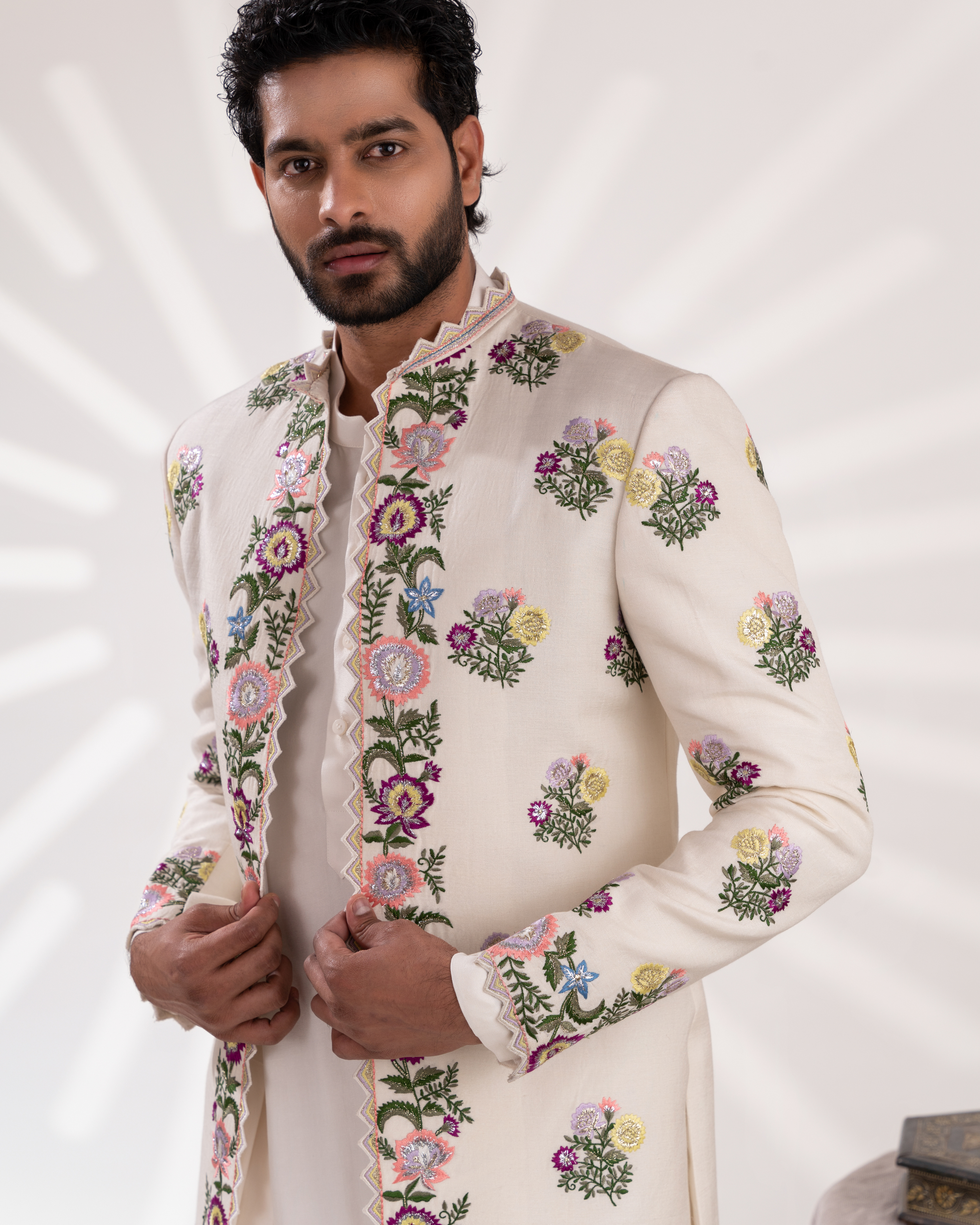 Side profile featuring embroidery placement along the white sherwani